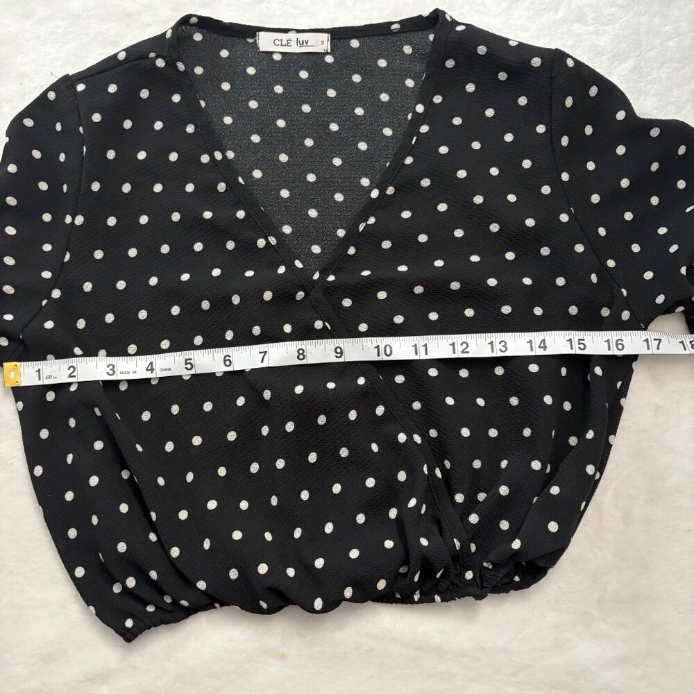 Modern Romantic Black Polka Dot Coquette Chic Crop Top W/ Bell Sleeves Clé Luv S - Picture 7 of 13